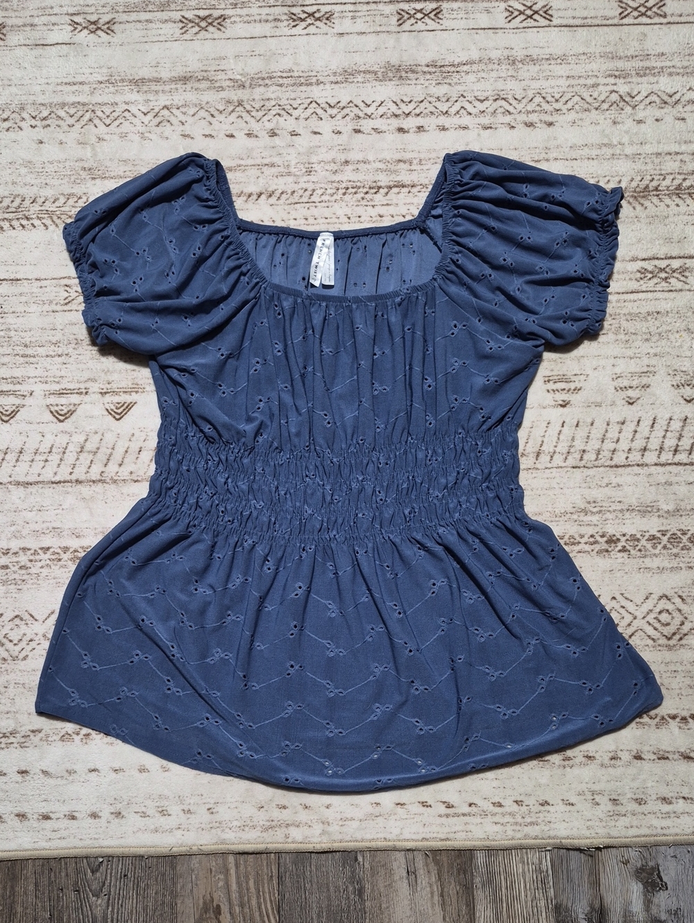 Smocked Puff-Sleeve Eyelet Blouse — Blue